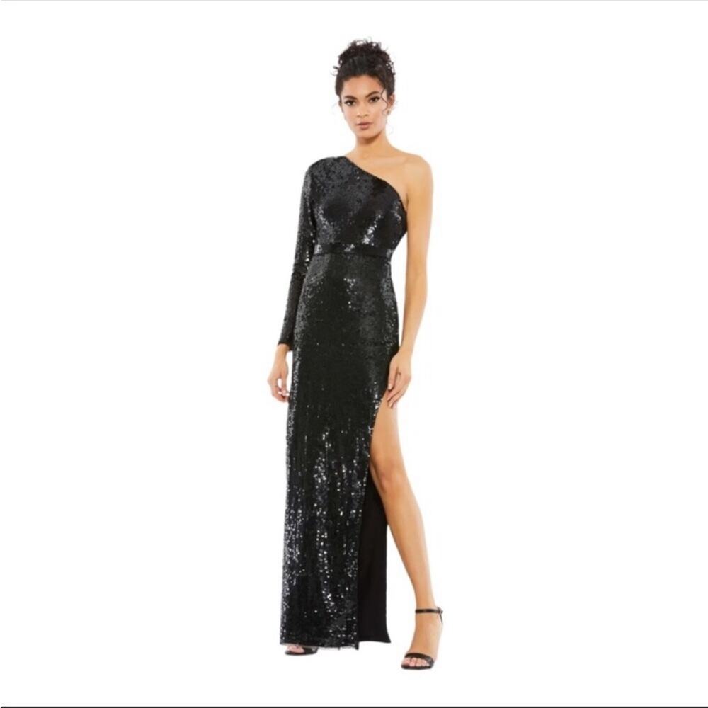 Mac Duggal NWT black sequin one shoulder column gown formal black tie ball